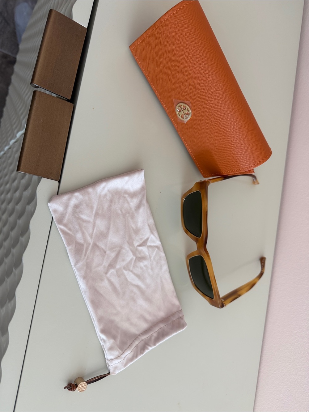 Tory Burch Amber Tortoiseshell Sunglasses with Orange Case and Pink Pouch